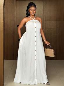 Maweii Plus Size Women's Solid Color Button Design Halter Romantic Vacation Dress - White - View 2