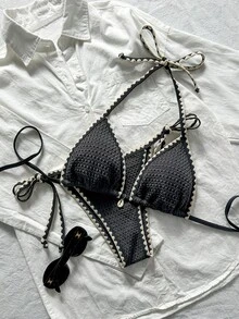 Swim Mod Ensemble de bikini 2 pièces pour femmes, en tissu jacquard de couleur unie avec volants, à bretelles nouées. Ensemble de maillots de bain pour vacances, croisière, plage et bronzage. Accessoires de maillot de bain, maillot de bain pour femmes, crochet - Gris - Voir 1