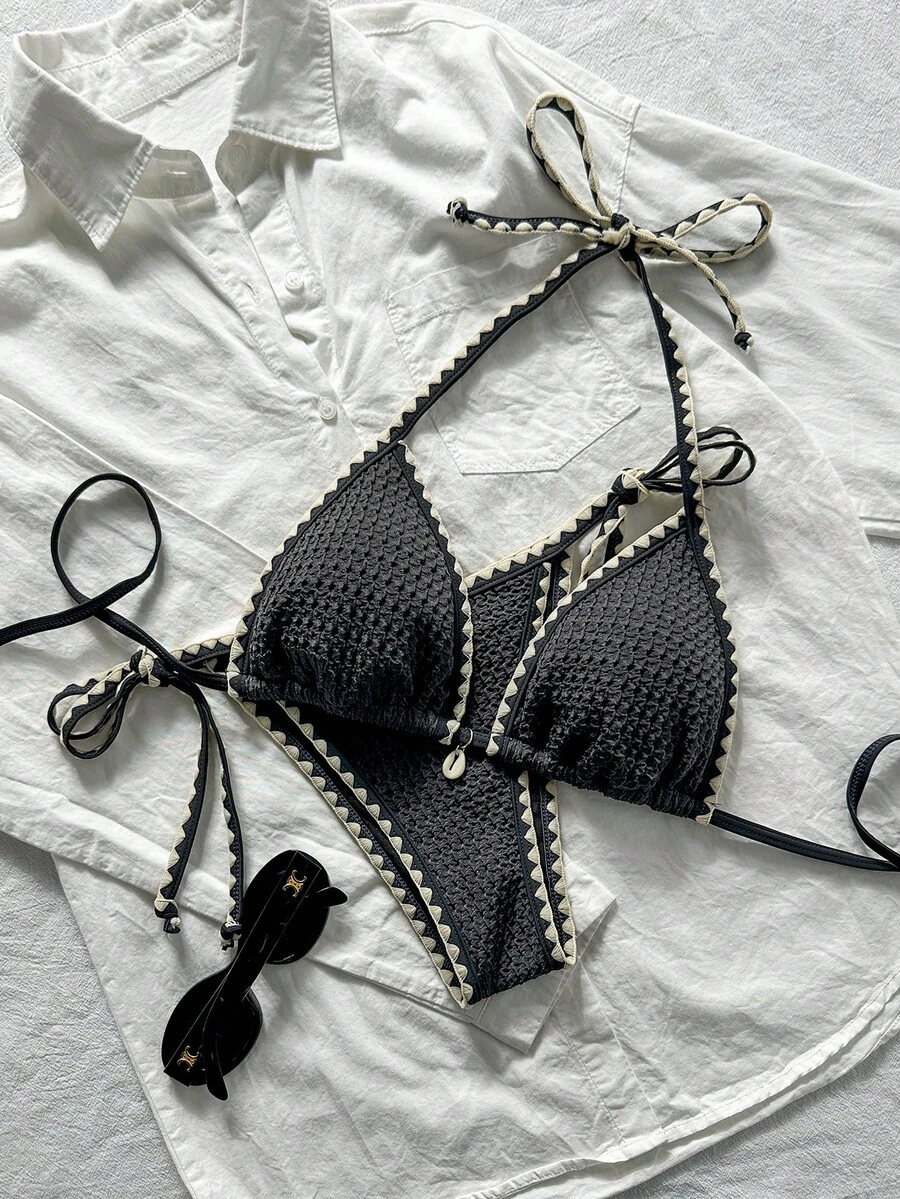 Swim Mod Ensemble de bikini 2 pièces pour femmes, en tissu jacquard de couleur unie avec volants, à bretelles nouées. Ensemble de maillots de bain pour vacances, croisière, plage et bronzage. Accessoires de maillot de bain, maillot de bain pour femmes, crochet - Gris - Voir 1