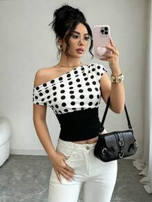 Elenzga Áo kiểu nữ thanh lịch, màu trắng nền, chấm bi đen, cổ xếp ly, không tay, vạt nhún, kiểu dáng retro, thích hợp cho công sở. - màu đen - Xem 6