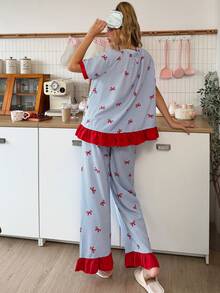 SweetSlumber Women's Contrast Stripe & Bow Print Short Sleeve Top And Long Pants Pajama Set - Blue - View 2