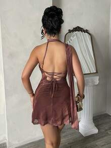 Dayanna Comas Damen Batik-Ärmellos Plissee Sexy Mode Mini-Kleid - Kaffeebraun - Übersicht 2