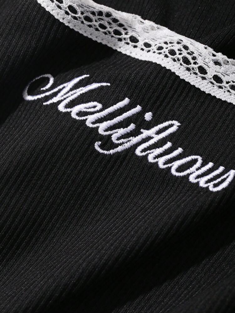 Letter Embroidery Contrast Lace Contrast Color Sleeveless Casual Vacation Summer Top For Women
