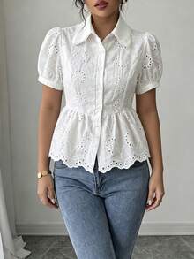 Rafferiza Hålformad blommig ärm med volangkant och elegant sommarblus för kvinnor - Vitt - Visa 5