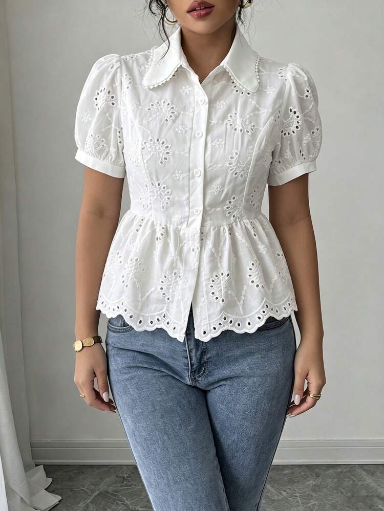 2026 Blusa elegante de verano para mujer con mangas de pétalos huecos y volantes en el bajo - Blanco 5 - Añade 5