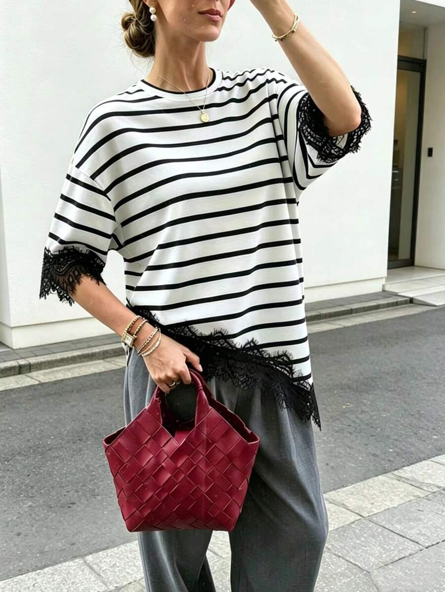 Pariaura New Summer Collection: Women's Loose-Fit Short-Sleeve T-Shirt Featuring A Designer Asymmetrical Hem, Black-And-White Striped Paneling, And Black Lace Trim-Perfect For Vacation, Casual Outings, And Everyday Summer Wear. - Black and White - View 1