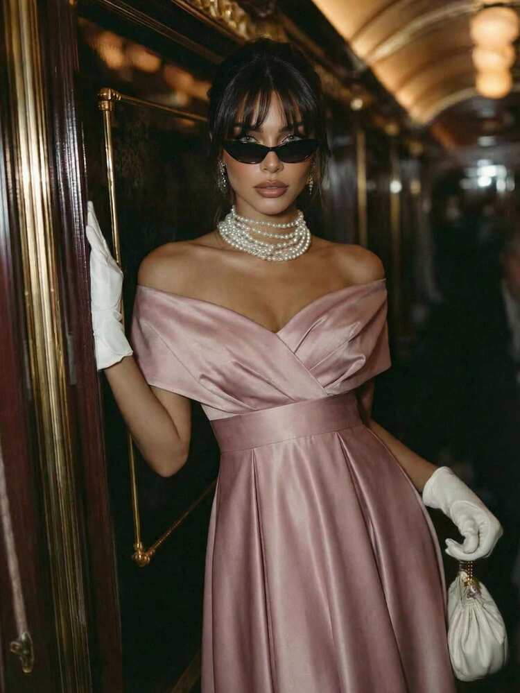 Women's Solid Color Asymmetric Neckline Ruched Elegant Dress