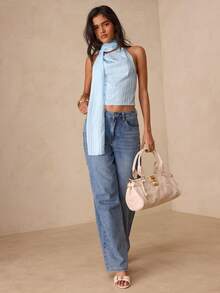 Glamine Áo kiểu nữ thanh lịch cổ yếm, không tay, hở lưng, buộc dây, với chi tiết khăn choàng dài thướt tha, chất liệu chiffon mỏng nhẹ, thích hợp cho các buổi tiệc tối, màu xanh nhạt. - Màu xanh lam - Xem 4