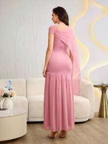 Modelyn Đầm dài nữ thanh lịch màu hồng hoa sen bằng vải chiffon thêu họa tiết phối màu. - Bụi hồng - Xem 6