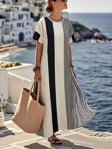 SHEIN PETITE Women's Apricot Printed Striped Round Neck Loose Fit Vacation Dress - Apricot - View 3