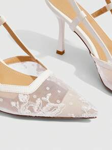 CUCCOO SZL Solid Color Patchwork Metal Decor Simple Casual Women High Heel Pumps Spring Shoes Spring Break Easter Prom Heels For Christmas - White embroidery thread mesh - View 5
