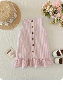 Babygirl Summer Vacation Casual Cute Striped Ruffle Hem Sleeveless Dress - Baby Pink - View 3