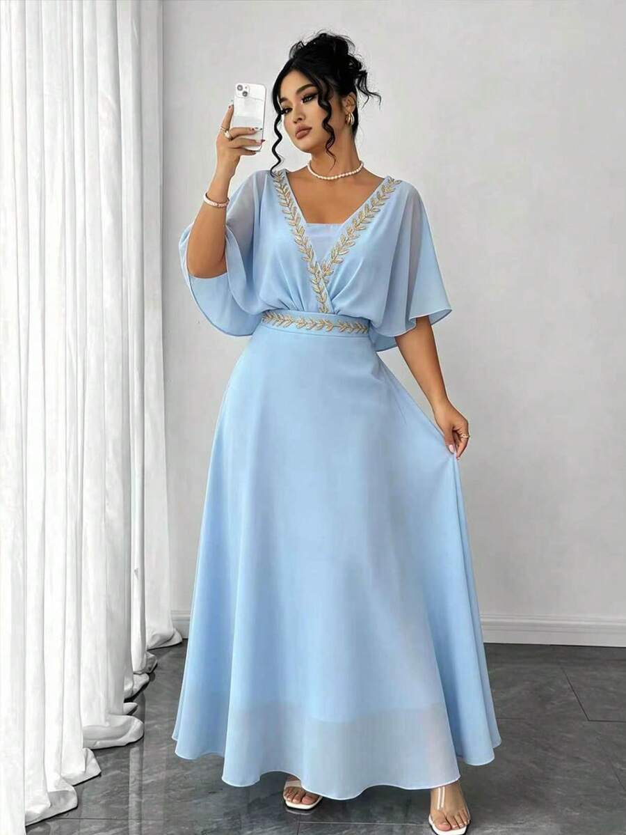 GlowEve CURVE Plus Size French Style Floral Applique Chiffon Flared Dress, Waist Cinched Slimming Silhouette, Vacation Vibe Summer Dress - Blue - View 1