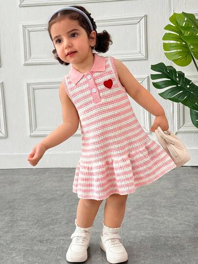 SHEIN 女婴可爱休闲针织彩色条纹polo领短袖连衣裙