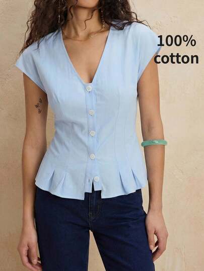 BizChic Women's Ice Blue V-Neck Shirt, Button Front, Pleated Hem, Short Sleeve Top; Baby Blue Shirt; Comfortable Light Blue Women's Shirt, V-Neck Design, Unique Pleated Hem Detail; Button Front Fashion Shirt; Women's Light Blue Top; V-Neck Shirt; Women's Shirt; Summer Blue Top; Ruffle Hem Top; Casual Shirt; Outdoor Top; Summer Top; Light Blue Top; Baby Blue Top; Women's Office Top; Business Casual Women's Top; Button Front Top; Women's Short Sleeve Top Business Casual Women Tops Shirt Shirts For Ladies