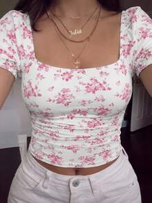 SHEIN Elenzya Plus Size Women Elegant Square Neck Printed Blouse T-Shirt, Spring/Summer - Pink - View 3