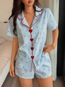 Napfluff Blue Striped & Red Polka Dot Print Short Sleeve Collared Top And Shorts Loose Fit Women Embroidered Heart Pajama Set - Blue - View 3