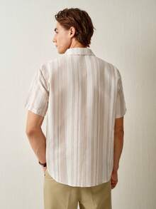 RONVEXI 男士夏季条纹短袖纽扣休闲衬衫 - 卡其色 - 查看 4