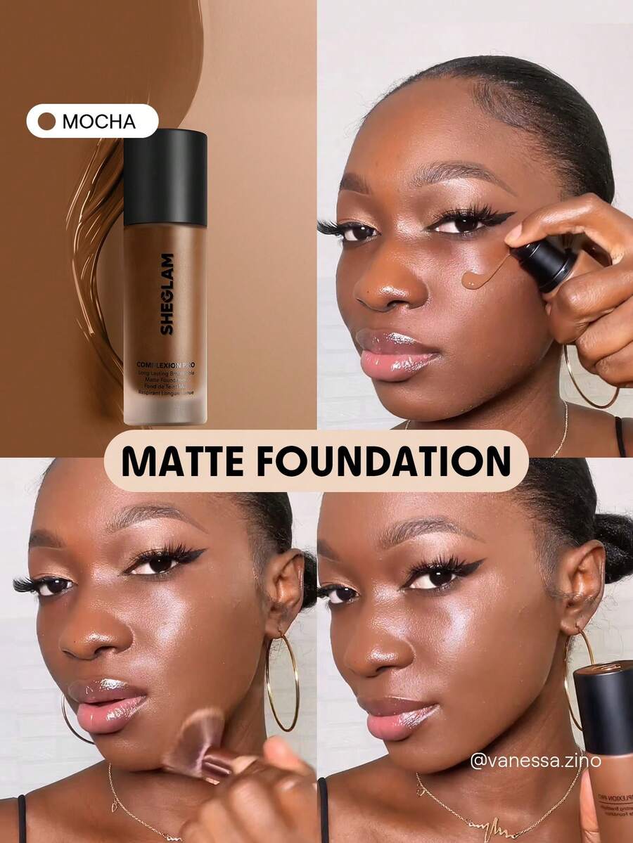 SHEGLAM Complexion Pro Long Lasting Breathable Matte Foundation-Mocha Matte Sweat-Proof Foundation Oil Control Full Coverage Pore-Less Concealer Waterproof Flawless Non-Fading Weightless Liquid Foundation Brand Beauty Makeup Face Paint Cosmetic For Women Girls Perfect For Spring Summer Ideal For Y2K Fancy Fashion Suitable For Birthday Mother'S Day Gift Rave Party Ready Best Color - Mocha - View 1