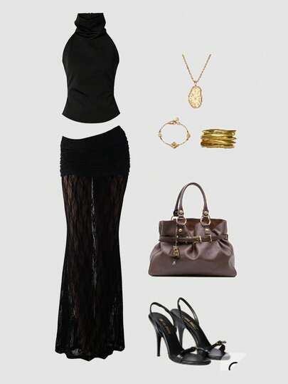 Cévolie Women's Retro American Black Halter Lace Mermaid Skirt Elegant Suit, Summer