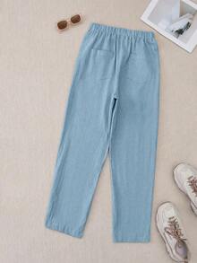 EMERY ROSE Women's Casual Solid Color Button Decor Pocket Pants - Baby Blue - View 2