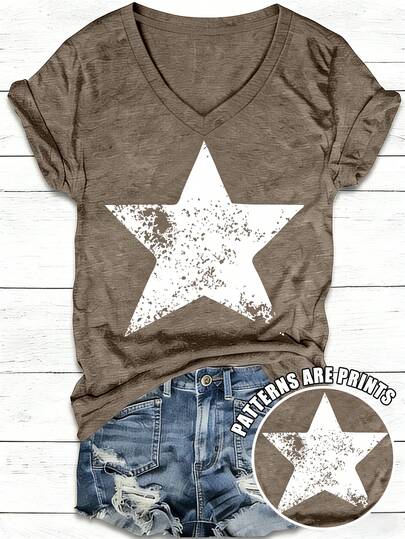EMERY ROSE Women's Y2K Casual Fashionable Street Star Print V-Neck Short Sleeve T-Shirt, Summer