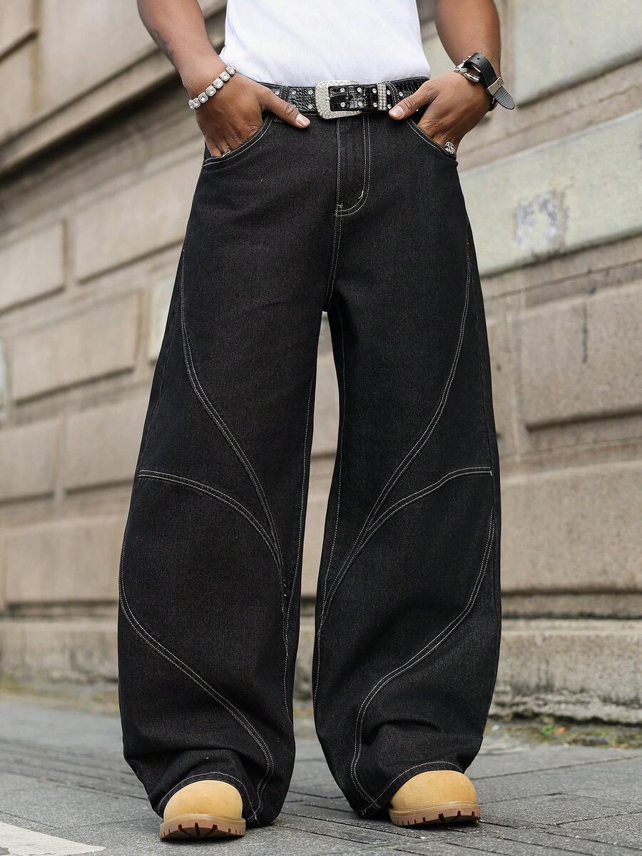 Manfinity EMRG Quần jeans ống rộng dáng suông sang trọng, thiết kế thời trang dành cho nam giới, đã qua xử lý giặt. - màu đen - Xem 1