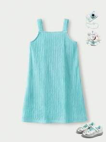SHEIN Casuvi Kids Casuvi 女童休闲针织提花吊带连衣裙，宽松 A 字廓形，花卉装饰，适合春夏日常穿着。 - 薄荷藍 - 查看 2
