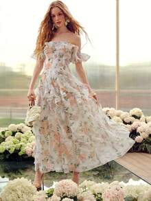 MOTF Soiréza ELEGANT WOMEN'S OFF-SHOULDER MAXI PARTY GOWN IN WHITE BASE WITH SOFT PURPLE, ORANGE & PINK RANDOM FLORAL PATTERNS ACCENTED BY GREEN FOLIAGE - White - View 10