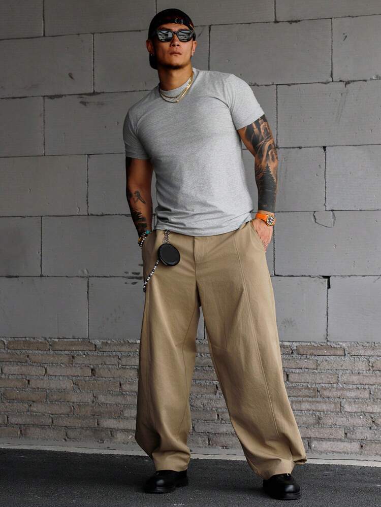 Khaki Elastic Waist Men's Pants