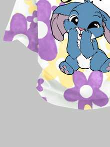 女童可愛卡通兔 Lulu & Stitch 圖案紫色漸層花卉圓領上衣與喇叭褲 2 件套，夏季開學返校穿搭 - 彩色 - 查看 6