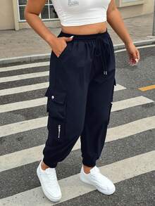 Muchica Plus Size Women Cargo Pants With Flap Pockets & Drawstring, Minimalist Versatile Fall - Navy Blue - View 1