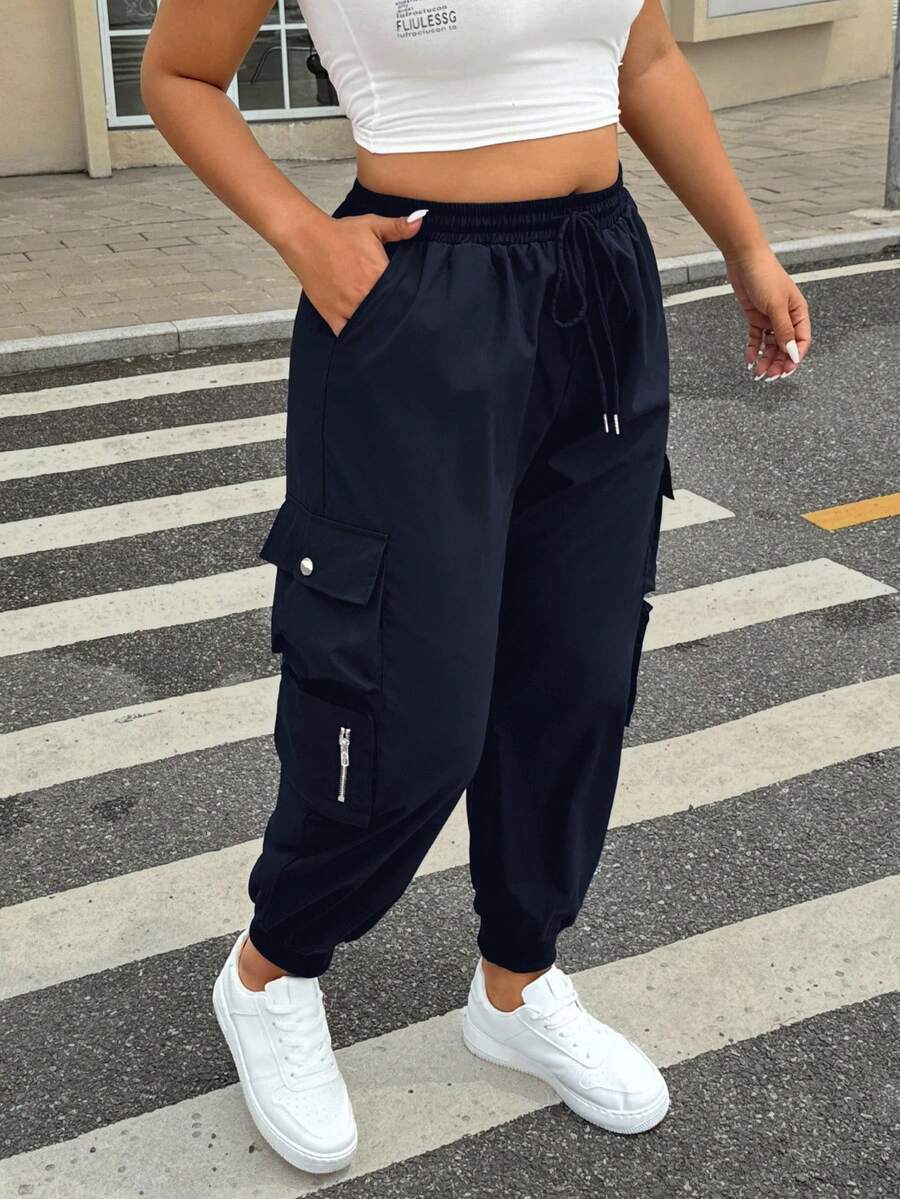 Muchica Plus Size Women Cargo Pants With Flap Pockets & Drawstring, Minimalist Versatile Fall - Navy Blue - View 1