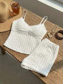 SHEIN EZwear 2pcs White Knit Romantic Contrast Lace Camisole And Shorts Set For Women Woman Two Piece Outfit Women Vacation Outfit Sets Women Summer Outfits 2 Piece - White - View 6