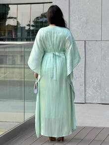 Al Najma 女士花卉刺绣系领蝙蝠袖优雅阿拉伯连衣裙 - 綠色 - 查看 3