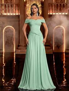 Glamrae Đầm chữ A thanh lịch, trễ vai, chất liệu vải dệt kim, thiết kế xếp ly, eo xòe rộng, thích hợp cho các buổi dạ hội, sự kiện kinh doanh, tiệc trà riêng tư, sinh nhật, các sự kiện ngày lễ, váy dạ hội dự tiệc cưới, đầm dự tiệc tối. - Màu xanh Bạc hà - Xem 1