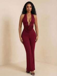 SHEIN 女士性感优雅度假/约会装，深V领露背无肩带紧身连体裤，春夏款 - 酒紅色 - 查看 3