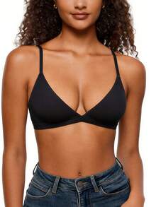 1件裸色贴身女士无缝可拆卸薄垫深V领露背文胸 - 黑色 - 查看 5