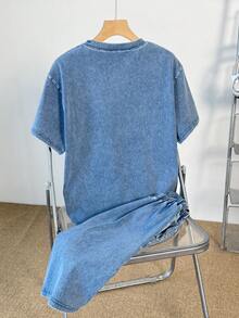 SHEIN 青少年男孩時尚休閒寬鬆街頭風 90s Y2K 復古酷感海軍藍針織丹寧寬鬆上衣與短褲套裝 日常穿著夏季穿搭 - 藍色 - 查看 2
