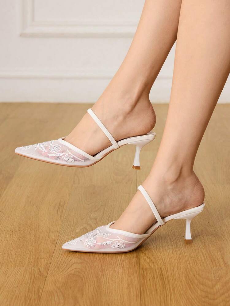 CUCCOO HITCHD Pointed Breathable Mesh Rhinestone Hollow Fashion Embroidery Temperament Versatile Sexy Fairy Banquet White High Heels
