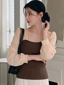 DAZY 女士撞色心形领长袖时尚衬衫 - 棕色 - 查看 3