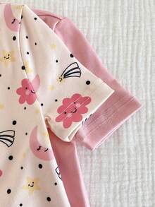 SHEIN Bộ 4 món đồ ngủ tối giản dễ thương màu hồng và mơ in hình ngôi sao, trăng, mây, cổ tròn, tay ngắn, chất liệu thun co giãn, ôm sát, gồm áo và quần. - Hồng - Xem 4