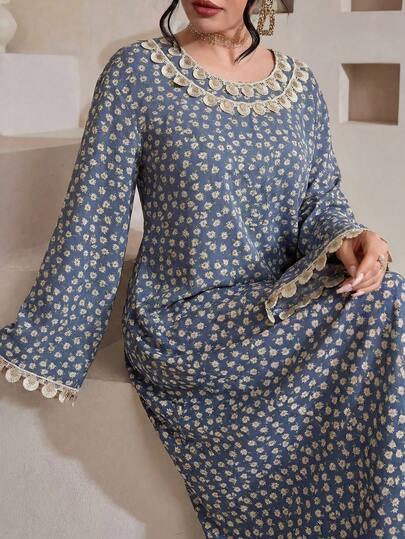 Al Najma Đầm dài tay xếp ly kiểu Ả Rập thanh lịch dành cho nữ, chất liệu nhung lụa dệt họa tiết hoa, thích hợp cho mùa xuân/hè.