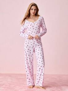 Bonmuse Bộ đồ ngủ áo và quần in họa tiết hoa anh đào toàn thân, tay dài, mùa lễ, họa tiết hoa lộng lẫy, ấm cúng và thanh lịch, trang phục thu đông - Màu Hồng baby - Xem 5