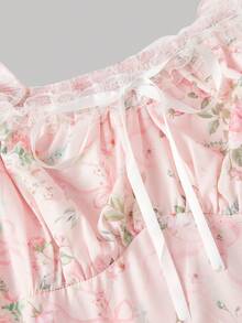 SHEIN MOD Pink Floral Lace Ruffle Petal Sleeve Mini Dress - Pink - View 6