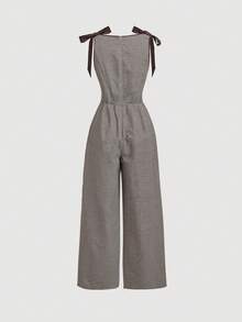 MOD Mono sin mangas de cuello redondo en color caqui con ribetes contrastantes, decoración de lazo, diseño de cintura definida y falda acampanada - Estilo vintage de corte, vibra de dinero antiguo, adecuado para el trabajo, vuelta al colegio, citas, fiestas, festivales y cumpleaños - Multicolor - Ver 4