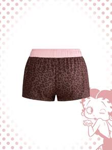 Betty Boop | ROMWE Bộ đồ ngủ áo hai dây và quần short phối họa tiết da báo, viền tương phản. - màu nâu - Xem 6
