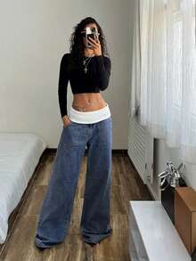 SHEIN Tall 女士撞色腰部翻折口袋阔腿休闲牛仔裤 - 藍色 - 查看 4