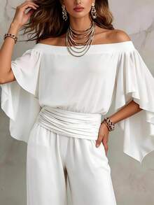 Balvessa 法式飘逸斗篷袖露肩T恤 - 白色 - 查看 4