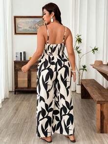 Weeklong Mono de verano de moda casual, vacaciones, estilo retro francés, elegante, para ir al trabajo, con cuello en V y estampado - Albaricoque - Ver 2